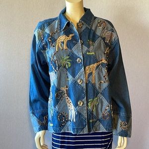 New Directions, zoo animals pattern, embroidered jean jacket.